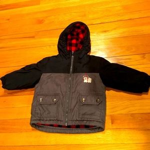 Carter’s size 18 months VGUC black gray and red buffalo check coat with a bear